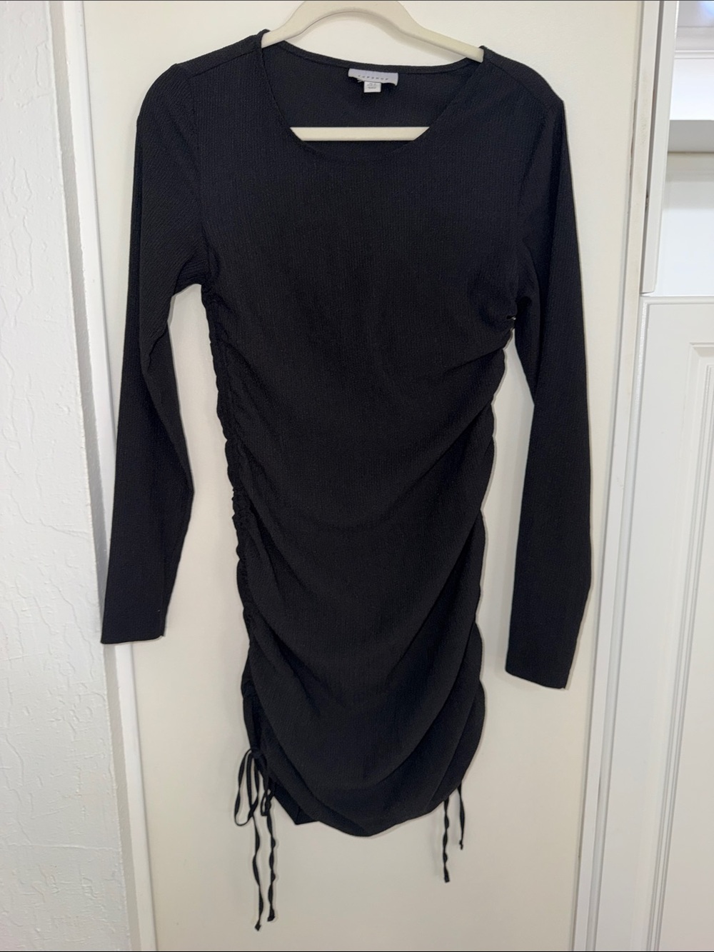 Topshop Black Long-Sleeve Ruched Side-Tie Dress